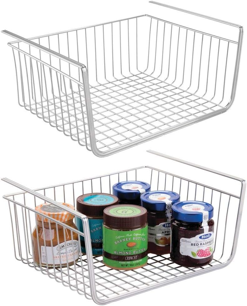 mDesign Household Metal Under Shelf Hanging Storage Bin Basket with Open Front for Organizing Kitchen Cabinets, Cupboards, Pantries, Shelves - Large, 2 Pack - Chrome