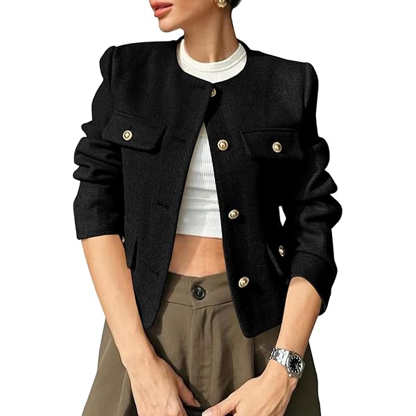 24AW【saqui】tweed no-collar jacket Cicy Bell Womens Cropped Tweed Blazer Collarless Button Down