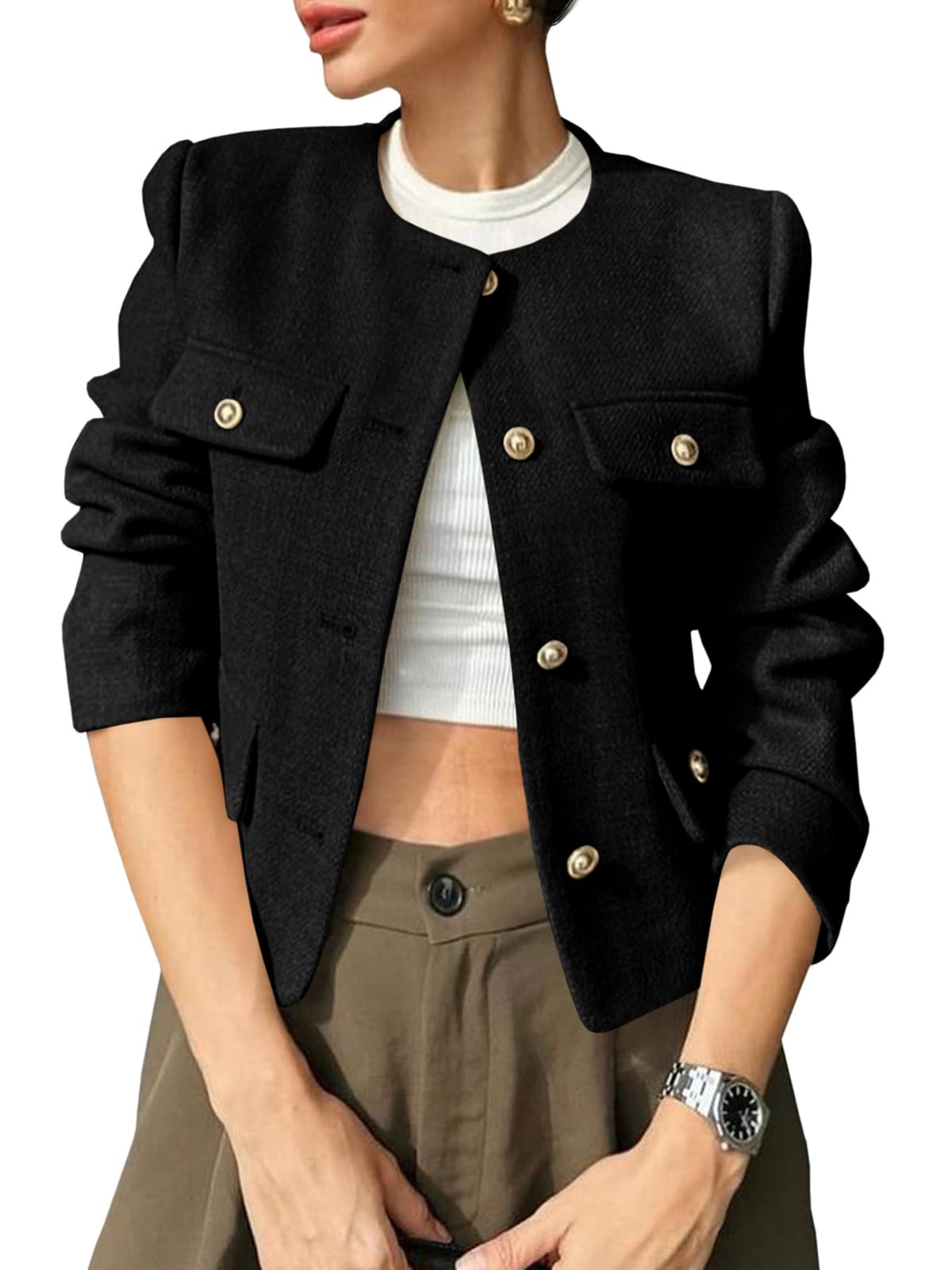 Photo 1 of Cicy Bell Womens Cropped Tweed Blazer Jackets Collarless Button Down Business Casual Outfits with Pockets Black