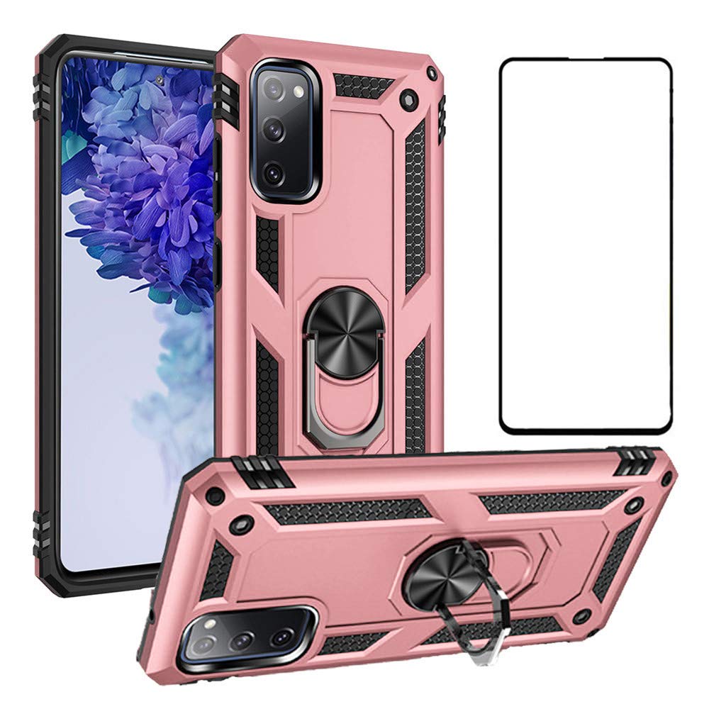 Asuwish Phone Case for Samsung Galaxy S20 FE/S20fe 5G/S20 fan edition/S20 Lite with Tempered Glass Screen Protector Stand Ring Holder Shockproof Silicone Heavy Duty Kickstand s20fe s20fe5g Pink