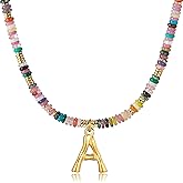 YOUFENG Initial Letter Necklaces for Women Colorful Beaded Gemstone Choker 14K Gold Plated Bamboo Letter Pendant Necklace Natural Stone Handmade Jewelry Gift