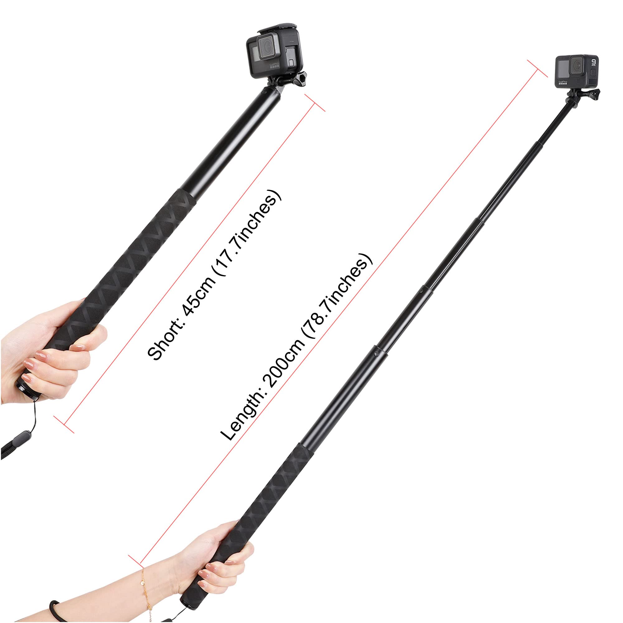 79inch Long Selfie Stick for GoPro 13/12 11 10 9 8 7 6 5 Blcak 4 Silver Go Pro Max Session, DJI Osmo Action 5 4 3 2,AKASO,Insta360 One RS R Cameras, 45-200cm Extendable Pole Monopod