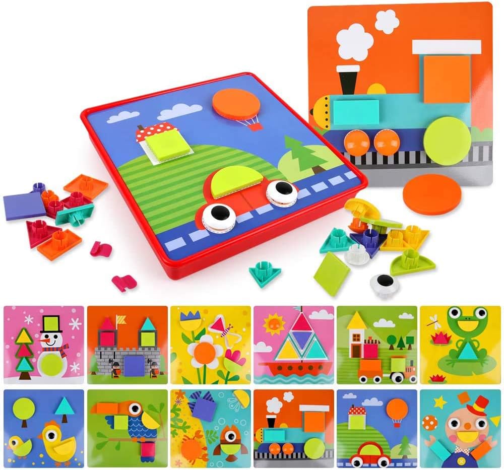 Educational Button Art Puzzle Toys,Learning Color and Geometry Shape Matching Puzzle Peg Board Games for Boys and Girls Age 3+