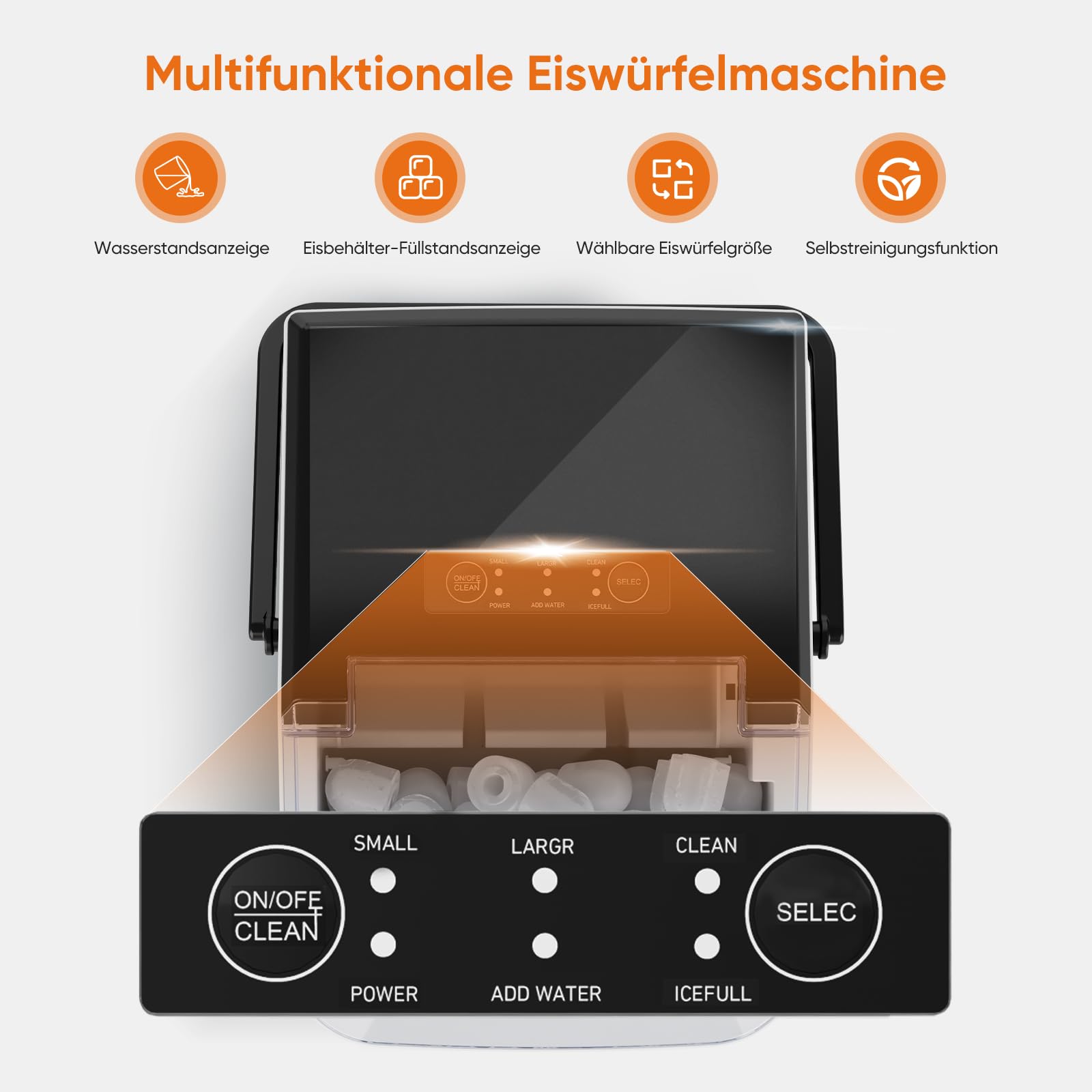 Sweetcrispy Eiswürfelmaschine mit Tragegriff, Selbstreinigend, 9 Eiswürfel in 6 Minuten, 12 kg Eis in 24 Stdn, Kompakt mit 2 Eisgrößen, Kleiner Eiswürfelbereiter für Küche Party Büro Bar, Schwarz 3