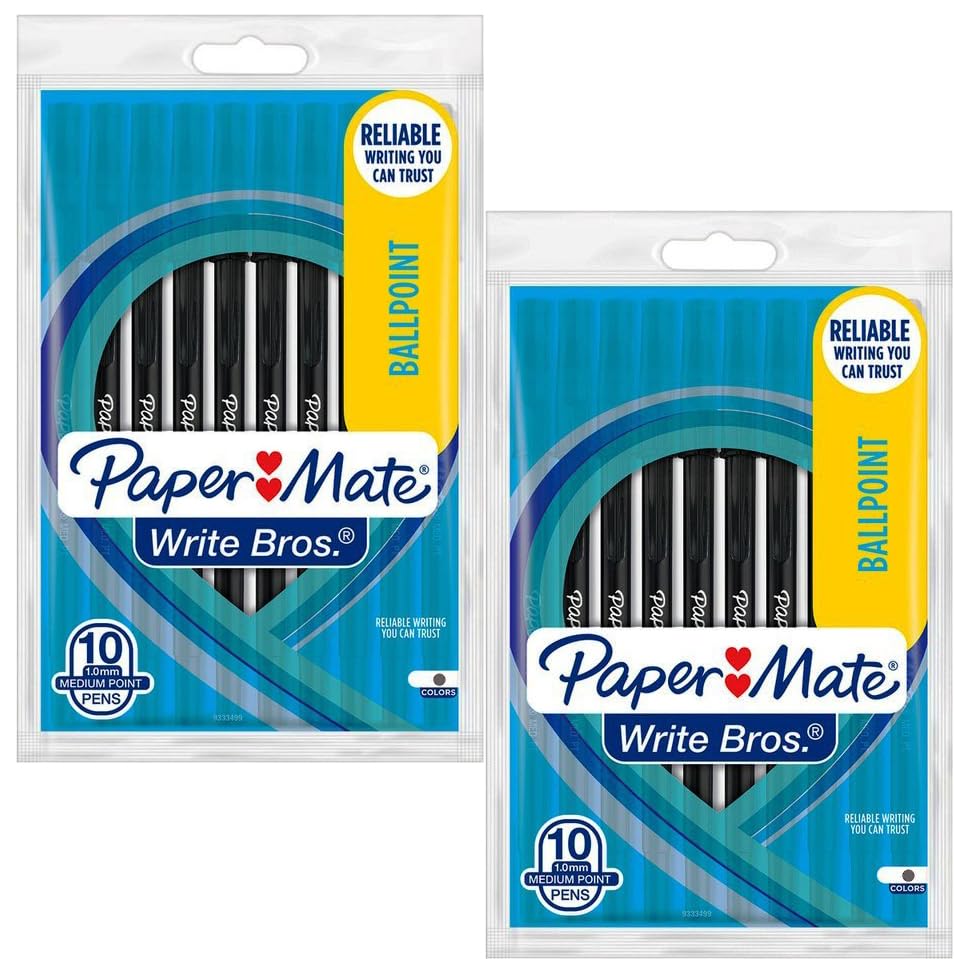 20 x PaperMate Write Bros Classic Medium Point 1.0 mm Ballpoint Stick Pen, Translucent Black Barrel/Black Ink