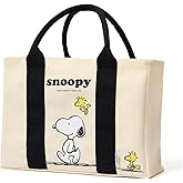 MINISO Snoopy Tote Bag, Peanuts Summer Travel Series Lightweight Canvas Handbag, 11.4" Multipurpose Use Grocery and Carry Bags for Men Women, Beige