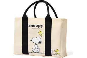 MINISO Snoopy Tote Bag, Peanuts Summer Travel Series Lightweight Canvas Handbag, 11.4" Multipurpose Use Grocery and Carry Bags for Men Women, Beige