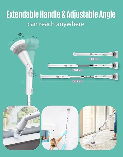 LYRIFINE ELECTRIC SPIN SCRUBBER, ELECTRIC CLEANING BRUSHES WITH EXTENDABLE HANDLE AND 4 REPLACEABLE BRUSH HEADS, ELECTRIC SCRUBBER WITH 1.5 HRS LONG WORKTIME FOR SHOWER BATHROOM TUB TILE FLOOR,WHITE