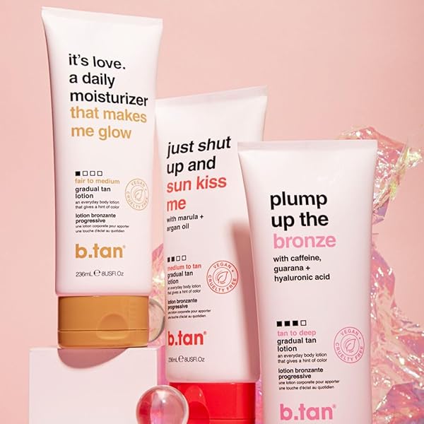 B.TAN MEDIUM GRADUAL SELF TANNING LOTION | JUST SHUT UP AND SUN KISS ME EVERYDAY GLOW LOTION – DEVELOP A BRONZED GLOW, INFUSED WITH MARULA + ARGAN OIL, VEGAN, CRUELTY & PARABEN FREE, 236ML