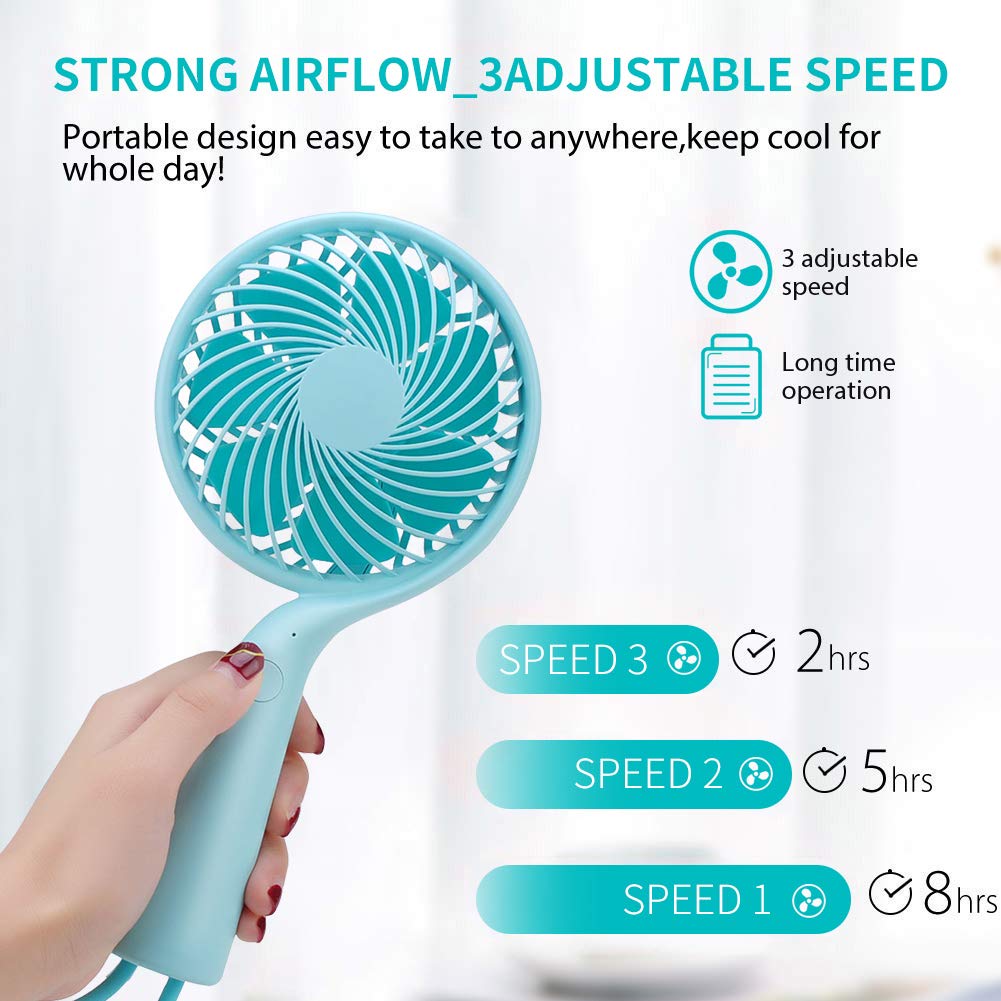LBTbate Mini Handheld Fan, Portable Personal Fan Chargeable Battery Operated Powered Cooling Desktop Electric Fan with Base, 3 Speeds for Office/Home/Travel/Outdoor (Green)