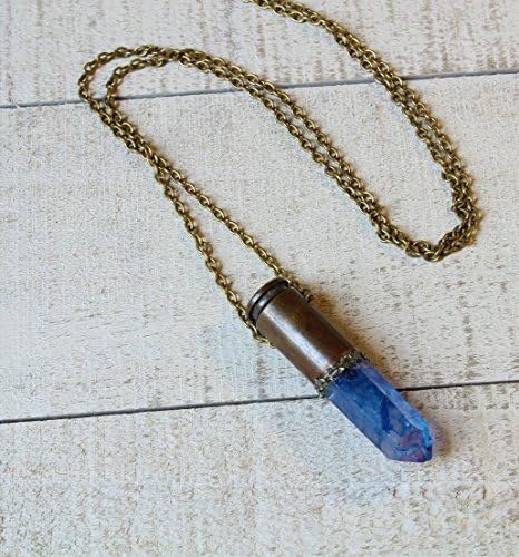Blue Tanzine Aura Quartz Crystal Brass Bullet Necklace - 24" Length