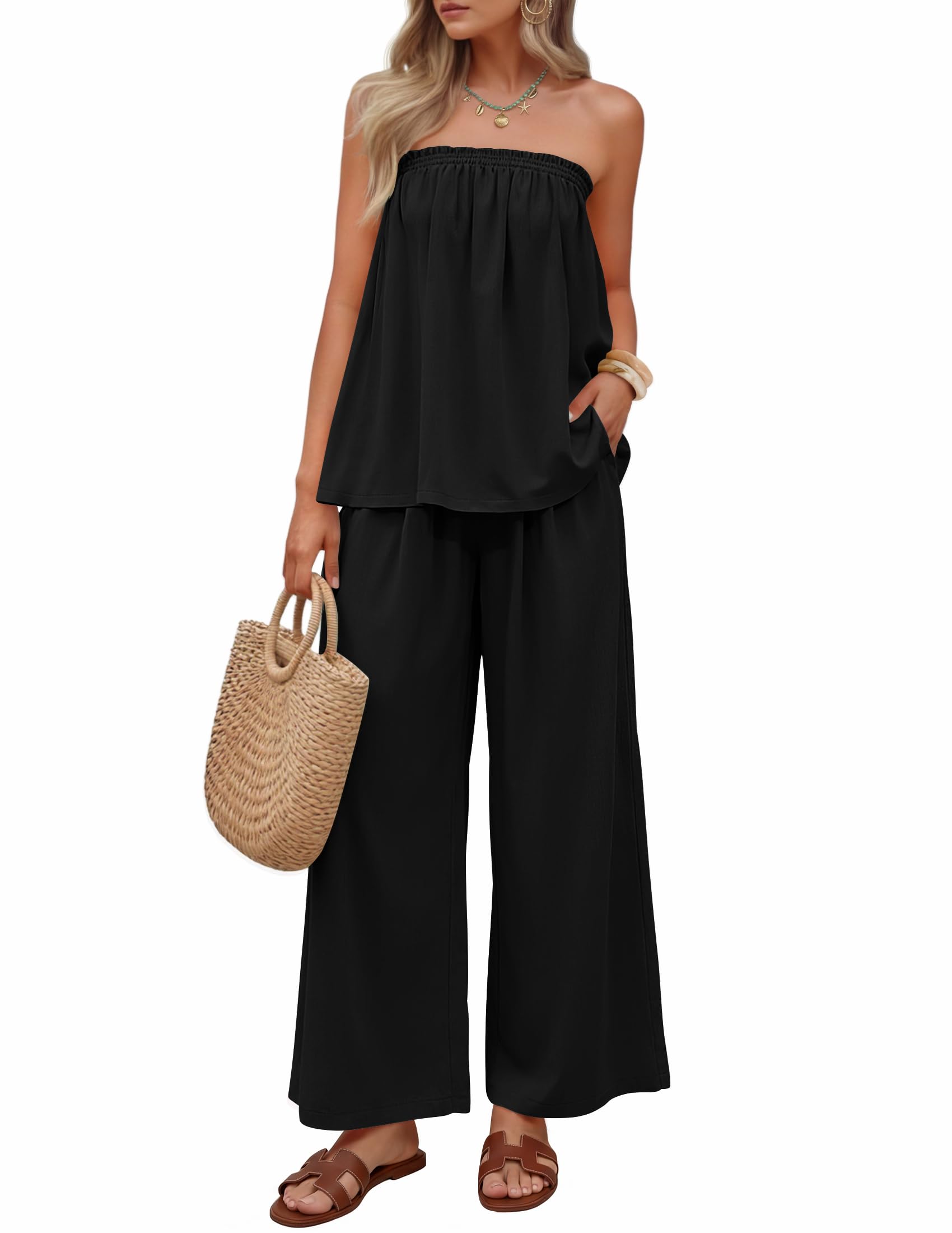 Photo 1 of **PARTIAL SET/ MISSING BOTTOMS*** ZESICA Women's Summer 2 Piece Sets 2026 Spring Casual Strapless Tube Top Wide Leg Pants Ruffle Beach Vacation Outfits Black X-Large