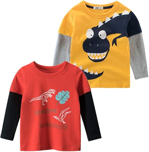 Amazon 2枚組 子供服 Tシャツ 男の子 長袖 Tシャツ 恐竜の漫画の キッズ ボーイシャツ ラウンドネックトップ 90 100 110 1 130 140cm Tシャツ カットソー 通販