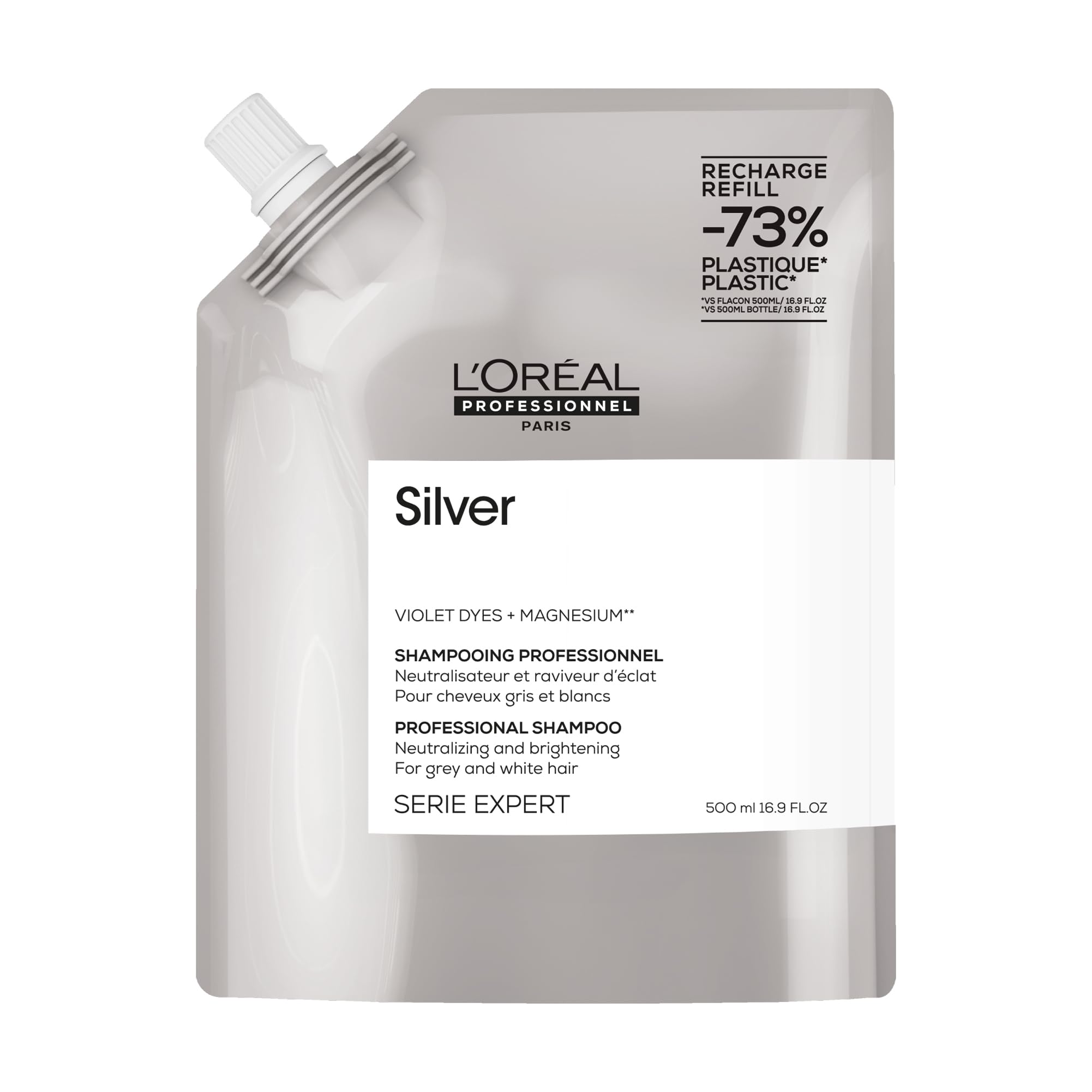 L’Oréal Professionnel Silver Shampoo For Grey, White Or Light Blonde Hair, Neutralising and Brightening, Serie Expert, 500ml Refill