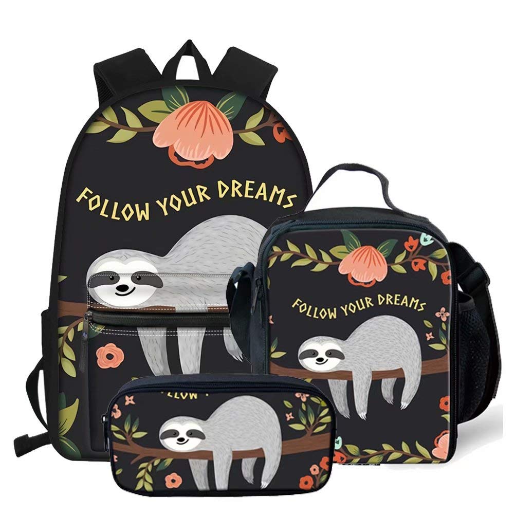 chaqlin 3 Pcs/Set School Bag Set for Teenager Girls Boys Sloth Backpack Large Capacity Shoulder Rucksacks