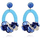 QLYOVWE Handmade Raffia Flower Petal Earrings for Women Cute Raffia Straw Wrapped Flower Drop Dangle Earrings Boho Statement Flower Petal Earrings Summer Tropical Beach Jewelry