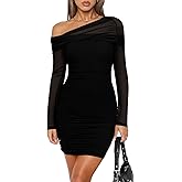 REORIA Women's Sexy Off Shoulder Long Sleeve Ruched Bodycon Mini Dress Mesh Sheer Cocktail Club Party Fall Dresses 2025