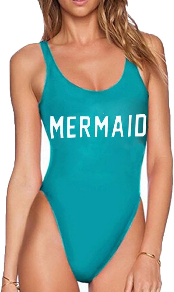 Sexy Womens Mermaid Letter Printing One Piece Bikini Beach Bathing Suit (S, Green)