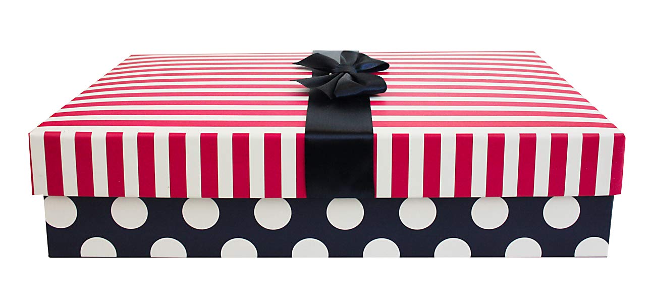 Emartbuy Dark Blue/Pink Rigid Gift Box with Ribbon – 27 x 19 x 7 cm – Luxury Cardboard Presentation Box|Premium Packaging for Hampers, Bridesmaid Gifts, Birthdays, Weddings, Corporate Gifting