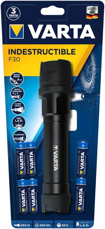 VARTA Indestructible F30 1 Watt LED Torch/Work Light, incl 6X AA Longlife Power Batteries, Waterproof and dust-Resistant - Image 3