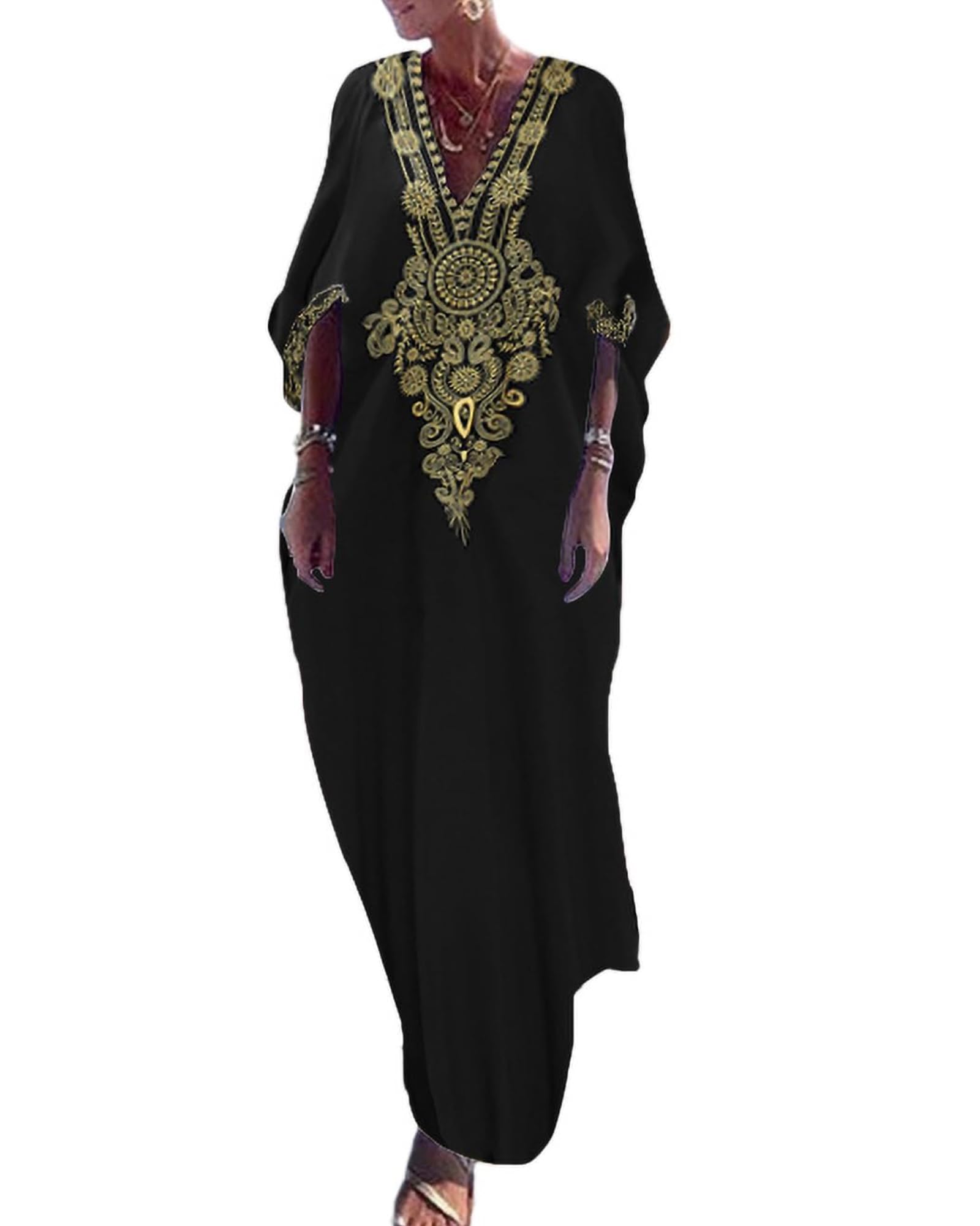 Photo 1 of **STAINED** Bsubseach Gold Embroidery Long Kaftan Dresses V Neck Caftan Dress Beach Cover Up for Women Black Size Unknown