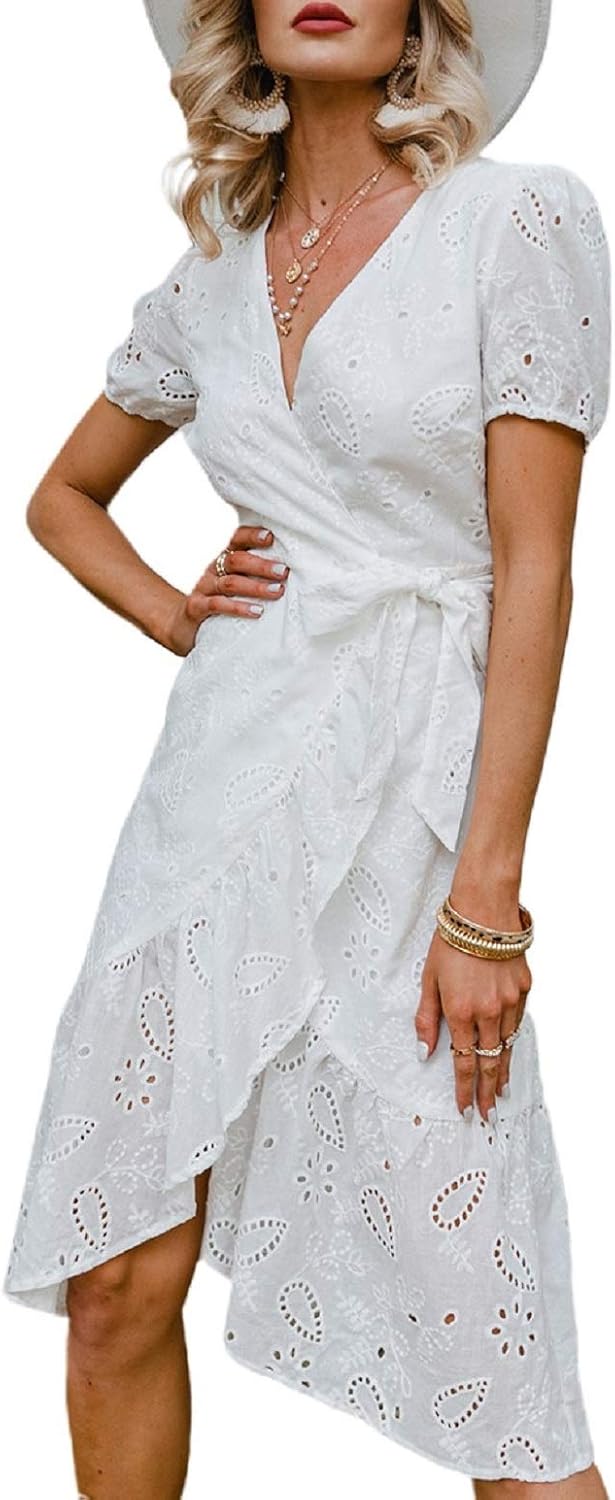 Amazon Com Simplee Women S V Neck Embroidery Short Sleeve Slit One Piece Wrap Dress Eyelet Ruffle Midi Formal Dresses With Belt Clothing