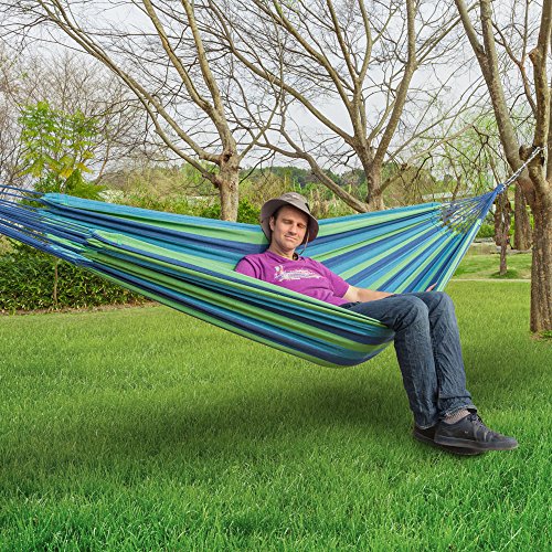 OnCloud Double Hammock for Travel Camping Backyard, Porch, Outdoor or Indoor Use, Carrying Pouch Included Blue/Green Stripes