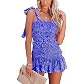 chouyatou Women's Summer Floral Spaghetti Strap Square Neck Ruffle Tie Mini Smocked Dress