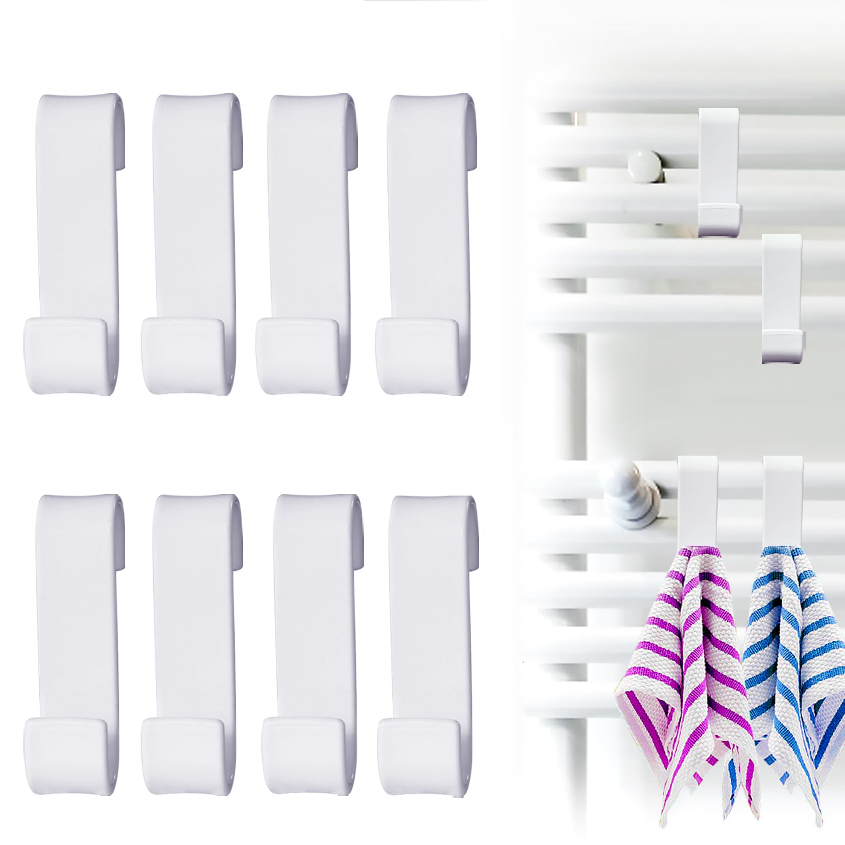 Fengguock 8 PCS Round Radiator Towel Hooks - Removable, Over Door, Kitchen, Bathroom, White