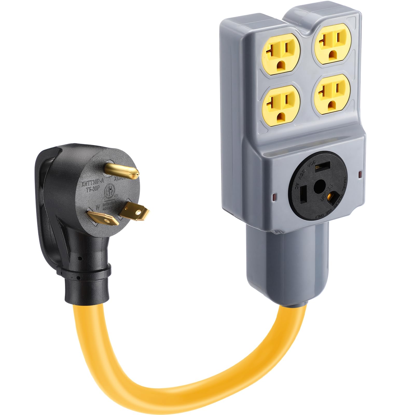 Photo 1 of Kanayu 1.5 FT RV Generator Adapter Extension Cord Compatible with NEMA TT-30P to Four 5-20R/ 5-15R & TT-30R, 3 Prong RV Generator 30Amp to 15/20Amp Power Cord 125/250V 7500 Watts, ETL Listed