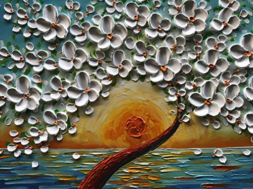 baccow White Oil Paintings 2448, Abstract 3D Flower Wall Decor Blue, Hand Painted Framed Wall Decorations for Living Room Bedroom Dining Room Bathroom Office