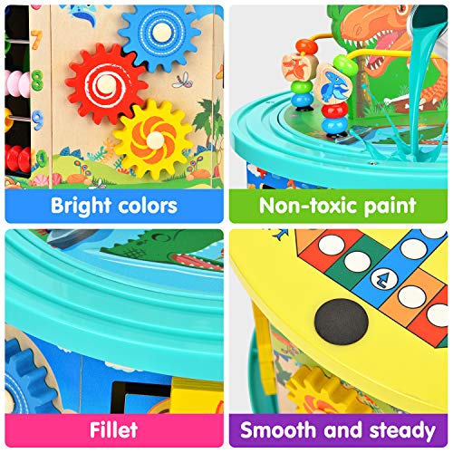 Victostar Activity Cube, 11 in 1 Dinosaur Bead Maze Multipurpose Educational Toy Wood Shape Color Sorter for Kids