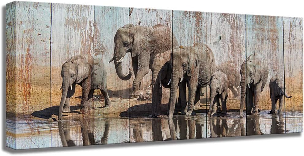 KLVOS Abstract Elephant Picture Print on Vintage Wood Background Animals Canvas Art for Living Room Ready to Hang 20"x48"