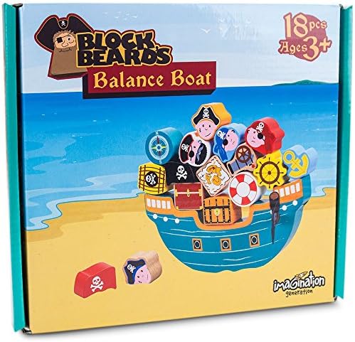 Deluxe Wooden 18 Pc Pirate Themed Balance Boat Playset - Great for Toddlers!