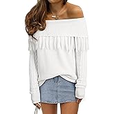 EVALESS Womens Off The Shoulder Sweater Fall Fringe Long Sleeve Loose Pullover Sweaters Tops