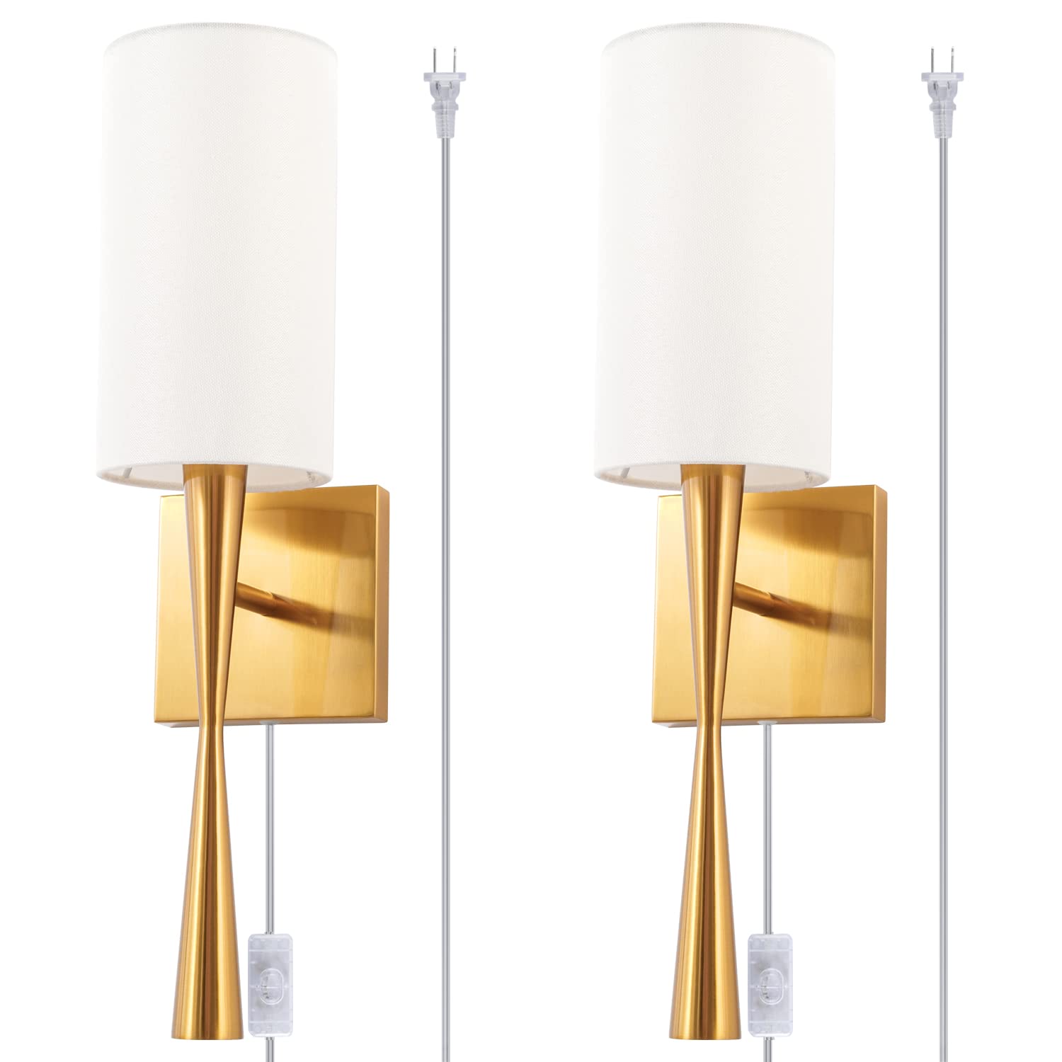 Photo 1 of MhyTogn Modern Plug in Wall Sconce Set of 2, with Creamy-White Fabric and Antique Brass Brush Paint Finish Shade and On-Off Switch Cord for Vanity Stairway Fireplace Kitchen Living Room Bedside