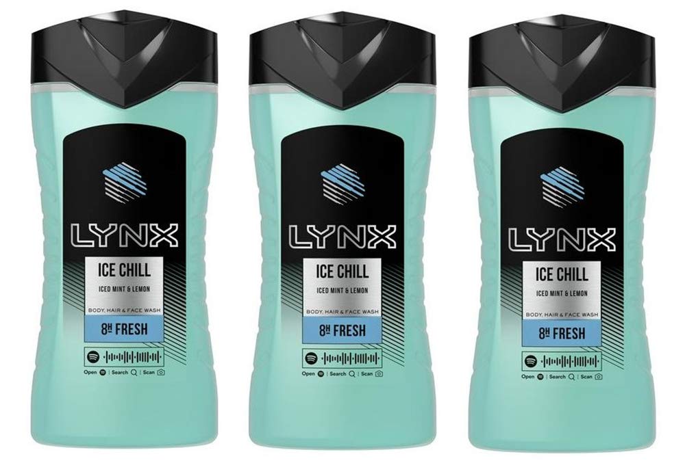Lynx Ice Chill Mens Gents Body Face Hair Shower Gel 250 ml 3 Pack