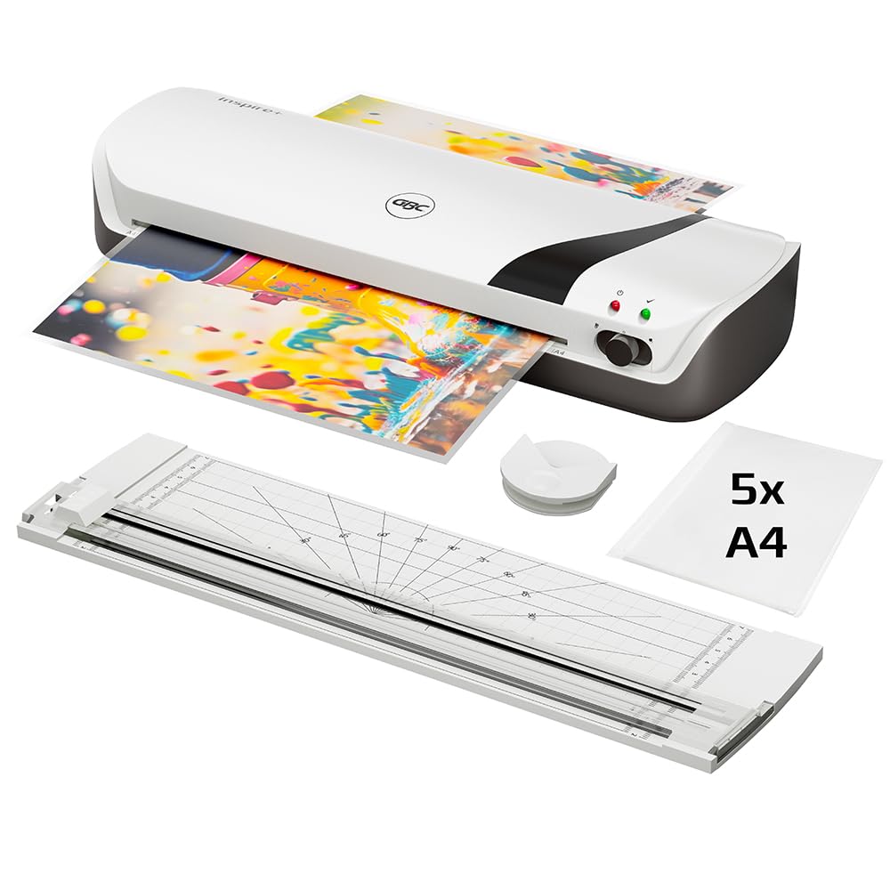 GBC Inspire+/Rexel 4-in-1 A4 Laminator Machine Set with Paper Cutter, Corner Rounder, 5 Laminating Pouches A4, Quick 4-Min Warm-Up time, Cold Lamination Setting, Ideal for Home/School, White (4410033)