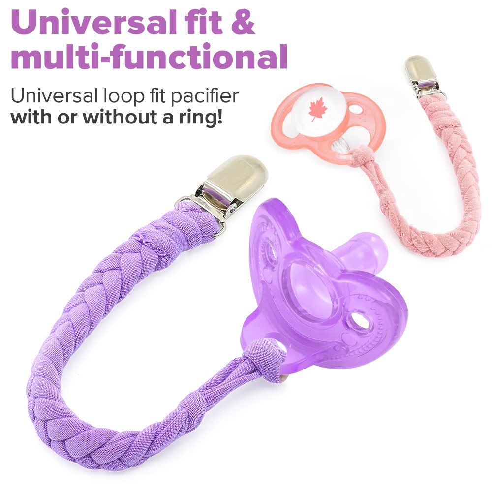 Pacifier Clips, Pack of 4 Teething Ring Holder for Babies, Soft Flexible Holder Leash for Pacifiers, Hand-Made Braided Baby Teething Soothie Band for Girls& Boys