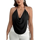 RoseSeek Women's Plus Size Halter Tops for Women Draped Cowl Neck Sleeveless Asymmetrical Crop Low Cut Cami Tops