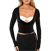 CSDAJIO Women's Sexy Draped Cowl Neck Long Sleeve Cut Out T Shirt Low Cut Fitted Top Ruched Going Out Shirts
