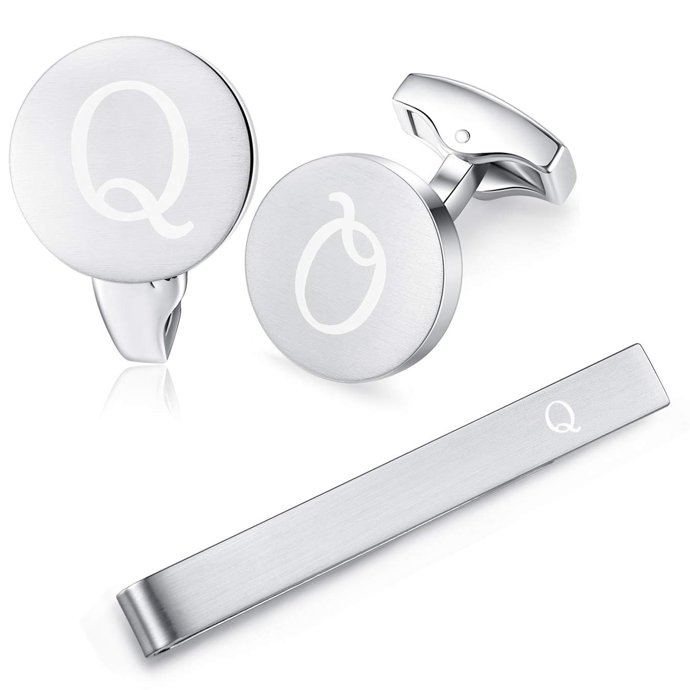 HONEY BEAR Initial Alphabet Letter Cufflinks Tie Clip Set for Mens - Brushed Silver Round Stainless Steel, for Business Wedding Gift,5.4cm (Q)