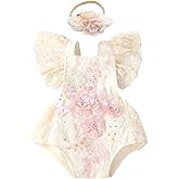 ODASDO Baby Girl Lace Romper Delicate Embroidery Backless Bodysuit with Flower Headband 2pcs Cake Smash Outfit…
