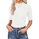 Elesomo Womens Fall Clothes Mock Neck Casual Short Sleeve T Shirts Basic Tee Tops