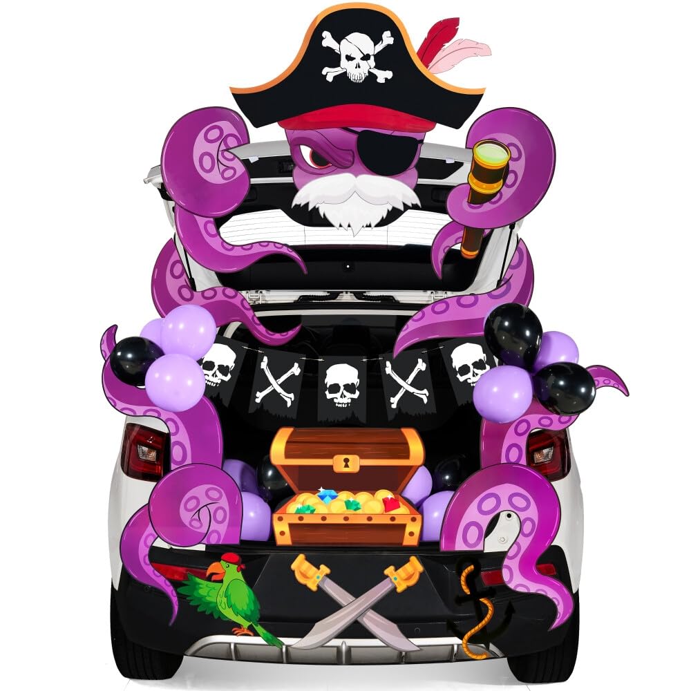 Photo 1 of JOYIN Halloween Pirate Trunk Or Treat Car Decorations Kit for SUV Outdoor Indoor Decor Octopus, Banner Haunted House Archway Balloons Knife Treasure Chest
