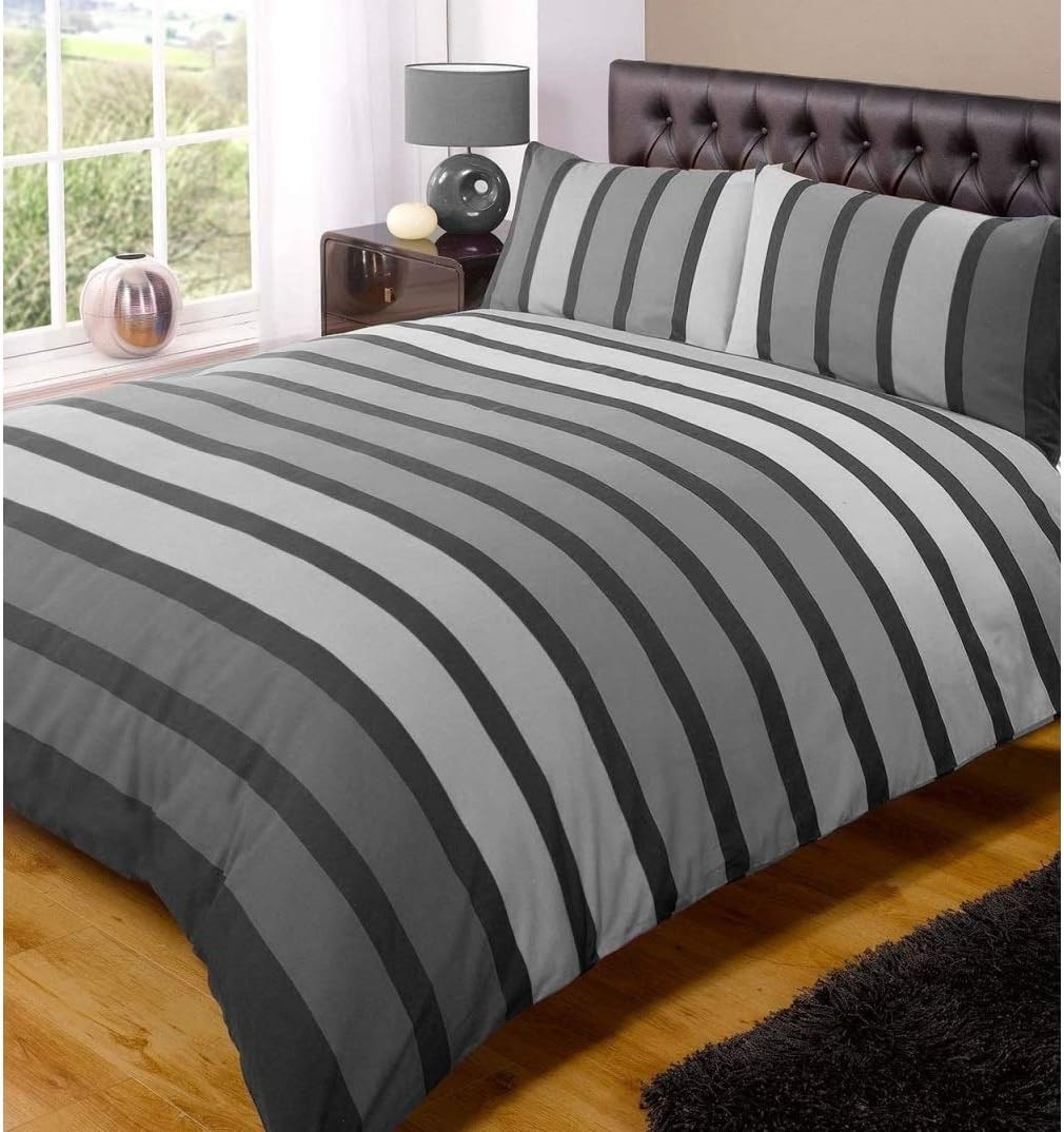 Rapport Home Striped Black Duvet Cover Set King Size - Vibrant Polycotton Bedding with Pillowcase, Durable & Fade Resistant for Kids & Adults Bedroom