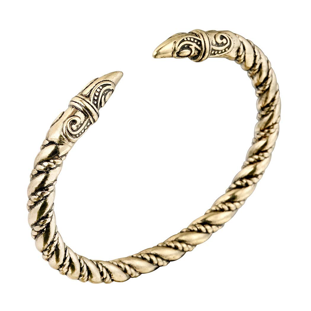 Men's Double Head Dragon Bracelet, AILUOR Norse Viking Adjustable Stainless Steel Gold Sliver Cuff Cool Polished Twisted Arm Ring Cable Bangles Pagan Jewelry (Gold-2)