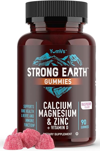 YUM-V’S STRONG EARTH CALCIUM, MAGNESIUM, ZINC AND VITAMIN D GUMMIES (90 COUNT) CALCIUM GUMMIES WITH VITAMIN D3 + ZINC & MAGNESIUM SUPPLEMENTS, DELICIOUS BONE HEALTH GUMMY SUPPLEMENTS
