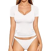 MANGOPOP Women's T Shirt Sweetheart V Neck Long Sleeve Short Sleeve Basic Tight Tops Tee