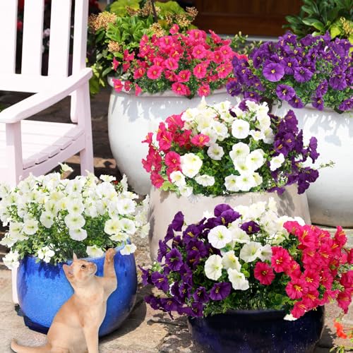 Huiguli 9 Bouquets Outdoor Fake Flowers, Artificial Flowers Plastic UV Resistant Fake Plants Outdoor for Balcony, Patio, Porch, Hanging Garden Indoor Decoration (3 Colors)